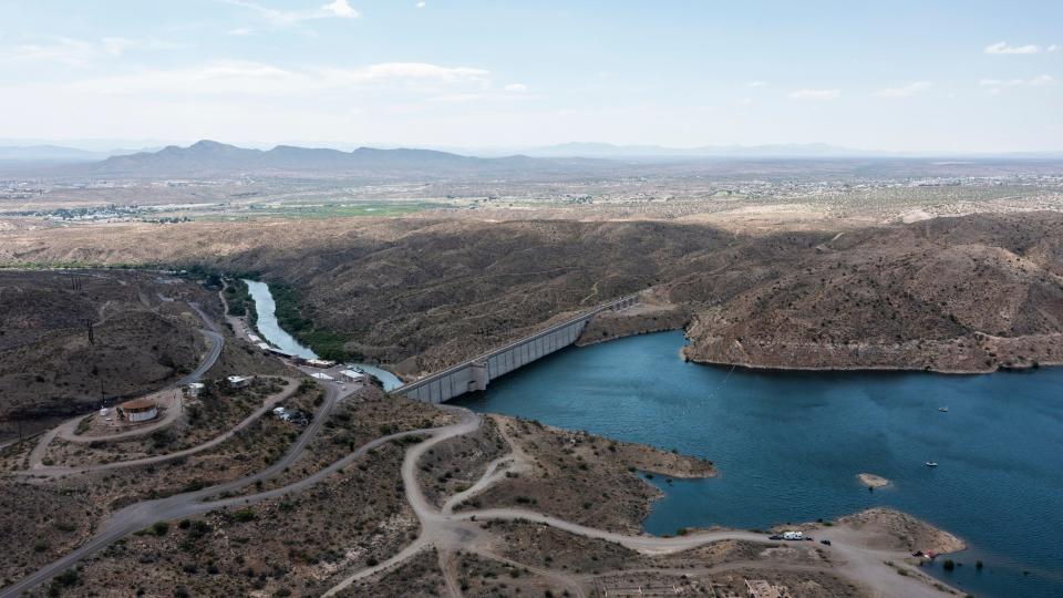 The Rio Grande is visible at left as the Elephant Butte Dam holds back water on June 18, 2023.