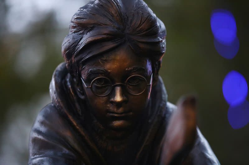 A statue of Harry Potter, based on the JK Rowling novels, is seen after it was unveiled at Leicester Square in London