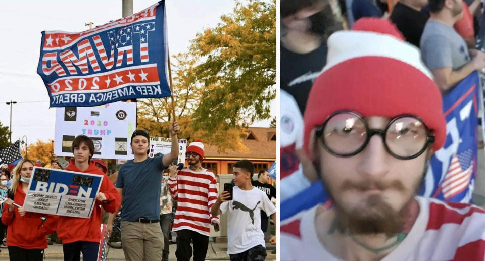 Crimo dressed in a red and white striped top and beanie marches in a Trump parade (left) and a selfie of Crimo (right)