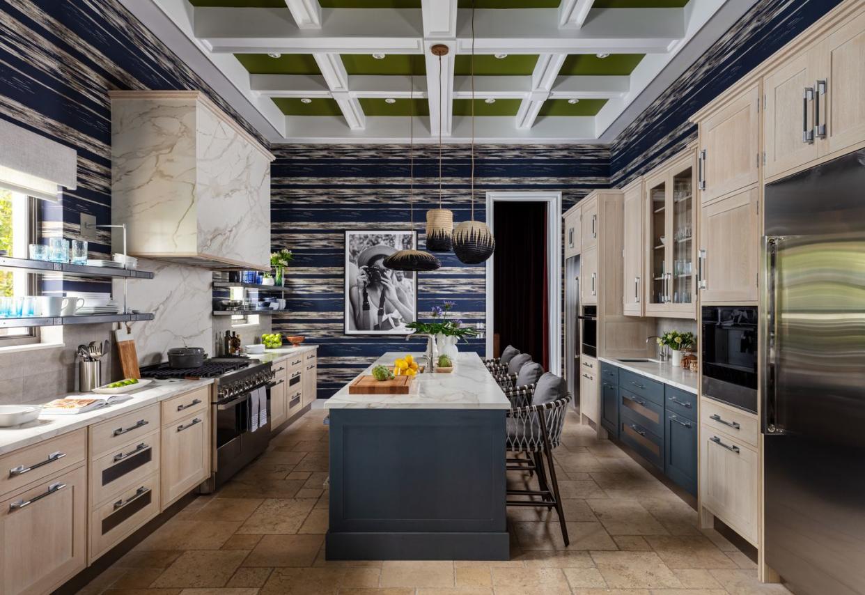 a navy blue and white kitchen