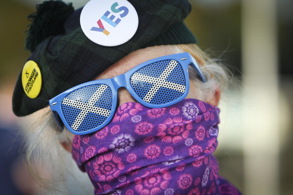 All under one banner members take part in a static Indy Ref2 rally outside the headquarters of BBC Scotland on September 17, 2020 in Glasgow, Scotland. The location of the rally was changed from George Square to Pacific Quay after BBC Scotland made the controversial decision to scale back there coverage of daily Covid-19 briefings in Scotland. (Photo by Ewan Bootman/NurPhoto via Getty Images)