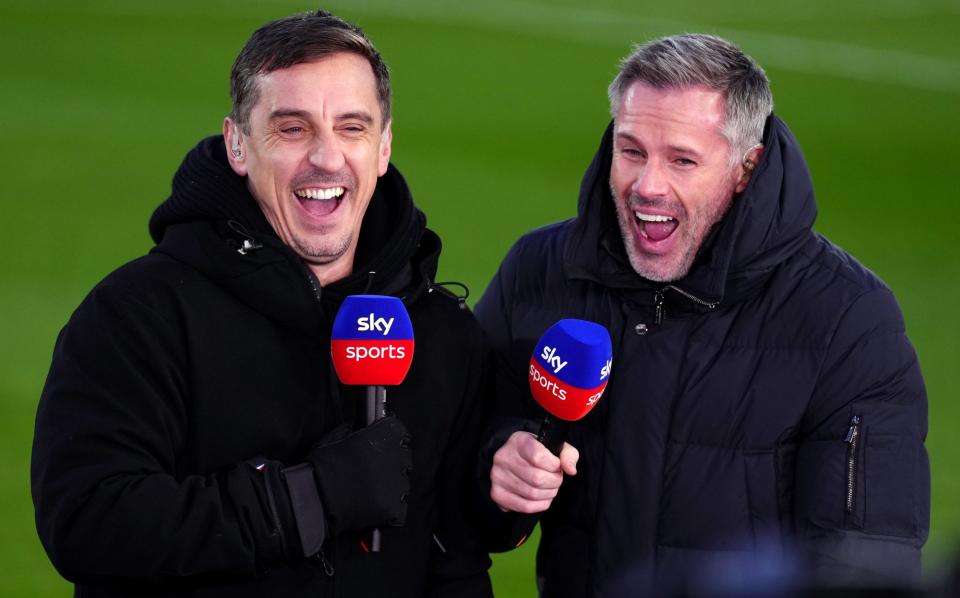 Sky Sports pundits Gary Neville and Jamie Carragher (right) ahead of the Premier League match at the Gtech Community Stadium, London
