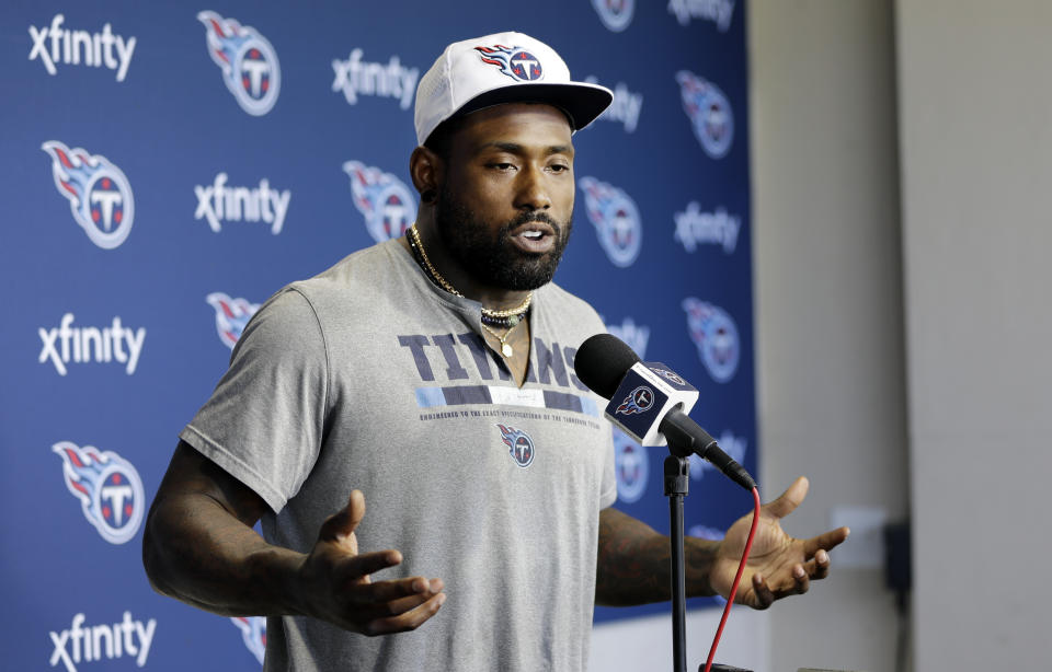 Tennessee Titans tight end Delanie Walker answers questions during a news conference Monday, April 15, 2019, in Nashville, Tenn. The Titans are trying to figure out how to improve after three straight 9-7 seasons as the team begins their offseason program. (AP Photo/Mark Humphrey)
