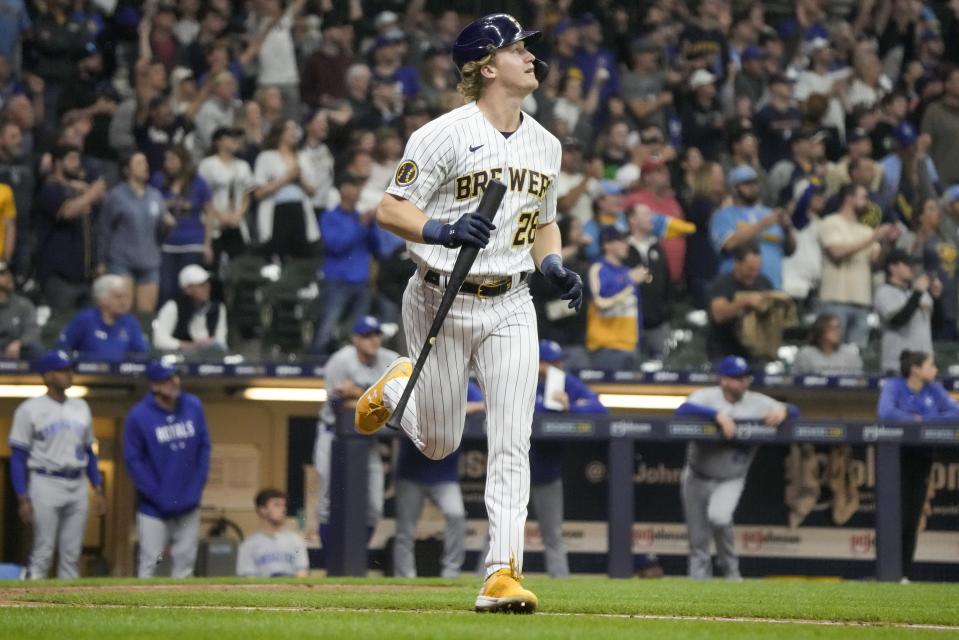 Milwaukee Brewers' Joey Wiemer reacts after hitting a walk off RBI sacrifice fly during the ninth inning of a baseball game against the Kansas City Royals Saturday, May 13, 2023, in Milwaukee. The Brewers won 4-3. (AP Photo/Morry Gash)
