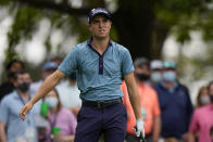 Justin Thomas reacts after his tee shot on the fourth hole during the second round of the Masters golf tournament on Friday, April 9, 2021, in Augusta, Ga. (AP Photo/Matt Slocum)