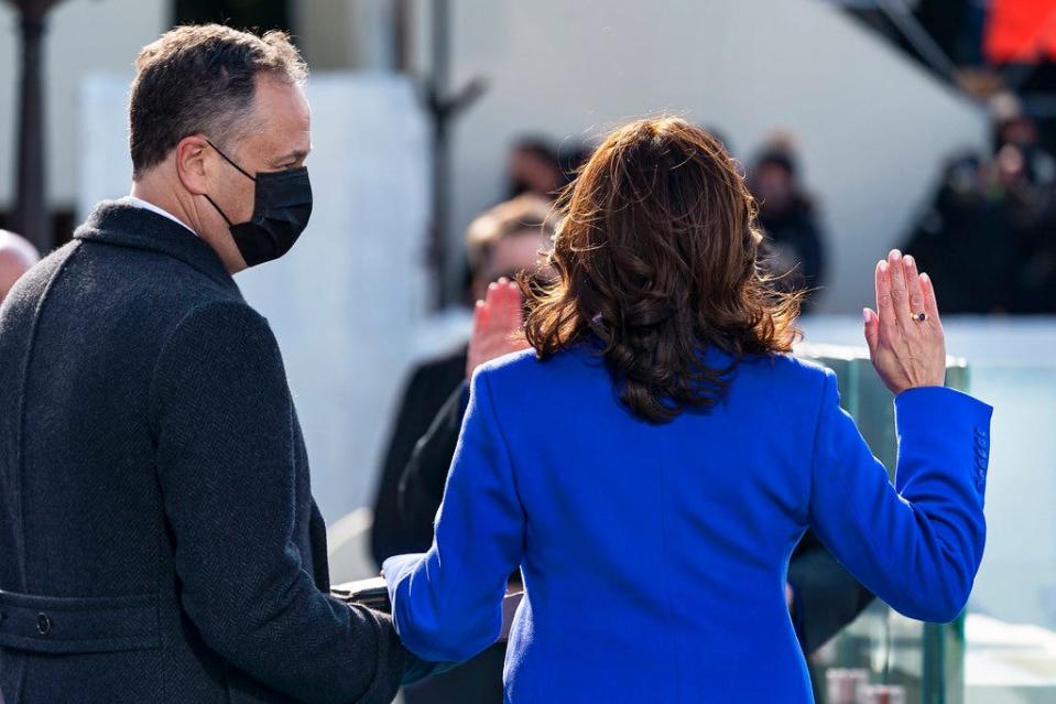 Kamala Harris is sworn in as vice president at the inauguration.