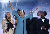 24th Screen Actors Guild Awards – Show – Los Angeles, California, U.S., 21/01/2018 – Frances McDormand (at microphone) celebrates while accompanied by the rest of they cast after they were presented the award for Outstanding Performance by a Cast in a Motion Picture for "Three Billboards Outside Ebbing, Missouri." REUTERS/Mario Anzuoni