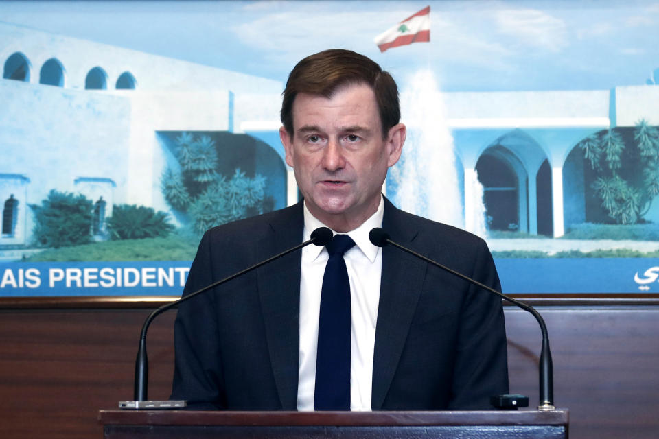 In this photo released by the Lebanese government, U.S. Undersecretary of State for Political Affairs David Hale, speaks after meeting with Lebanese President Michel Aoun, at the presidential palace, in Baabda, east of Beirut, Lebanon, Thursday, April 15, 2021. (Dalati Nohra/Lebanese Official Government via AP)