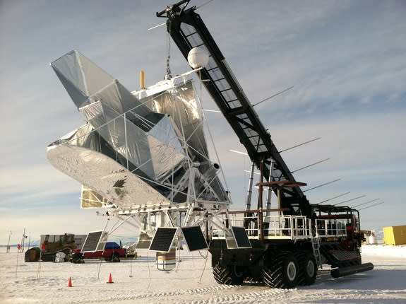 NASA's balloon-carried BLAST sub-millimeter telescope is hoisted into launch position on Dec. 25, 2012, at McMurdo Station in Antarctica on a mission to peer into the cosmos.