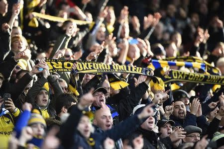 Football Soccer - Oxford United v Swansea City - FA Cup Third Round - Kassam Stadium - 10/1/16 Oxford fans celebrate their win Reuters / Dylan Martinez Livepic