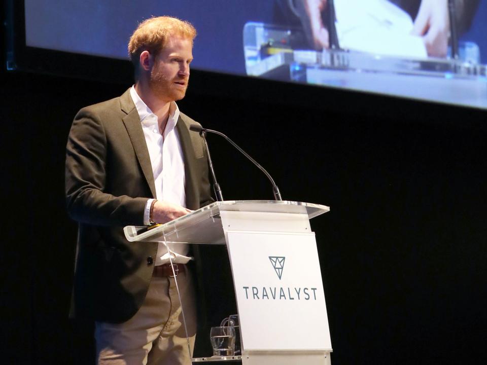 Prince Harry addressing a sustainable tourism summit at the Edinburgh International Conference Centre in 2020.