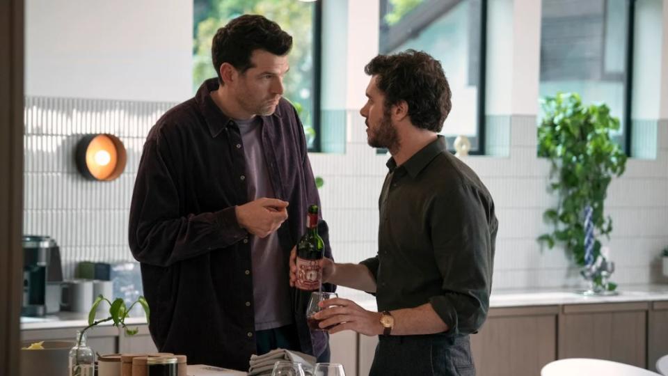 Timothy Simons as Sasha, Adam Brody as Noah in episode 108 of Nobody Wants This. (Credit: Netflix)