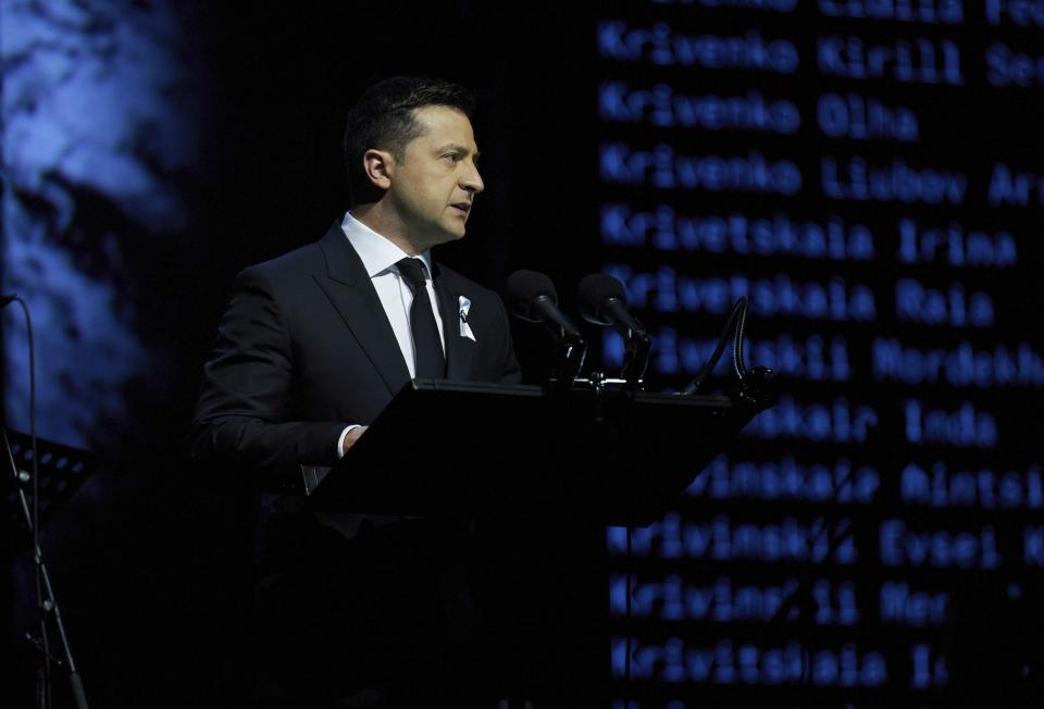Ukrainian President Volodymyr Zelenskyy speaks during commemorative events marking the 80th anniversary of the Babi Yar massacre of Kyiv Jews perpetrated by German occupying forces in 1941 in Kyiv, Ukraine, Wednesday, Oct. 6, 2021. (Ukrainian Presidential Press Office via AP)