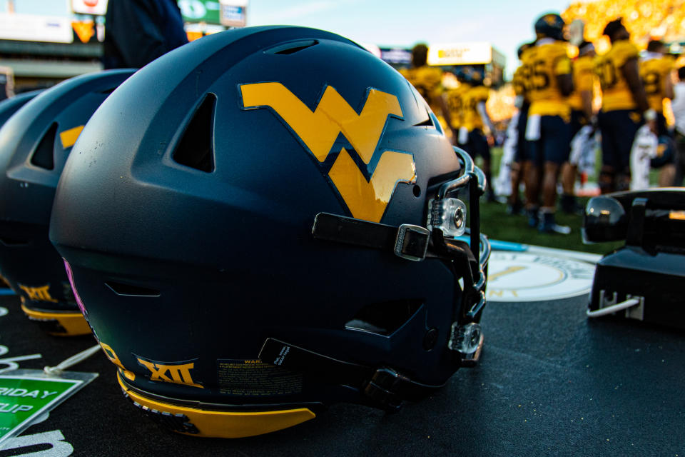 MORGANTOWN, WV - OCTOBER 05: A photo of a West Virginia Mountaineers helmet during the College football game between the Texas Longhorns and the West Virginia Mountaineers on October 05, 2019 at Mountaineer Field at Milan Puskar Stadium in Morgantown, WV. (Photo by Mark Alberti/Icon Sportswire via Getty Images)