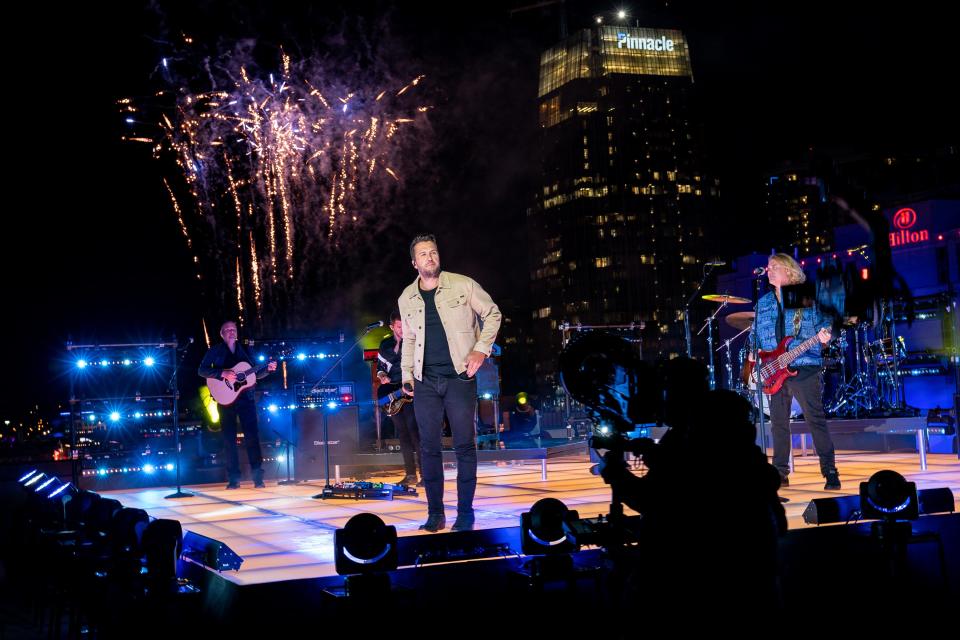 Luke Bryan performs during an CMT Music Awards taping at Assembly Hall at 5th and Broadway in Nashville, Tenn., Wednesday, May 12, 2021.