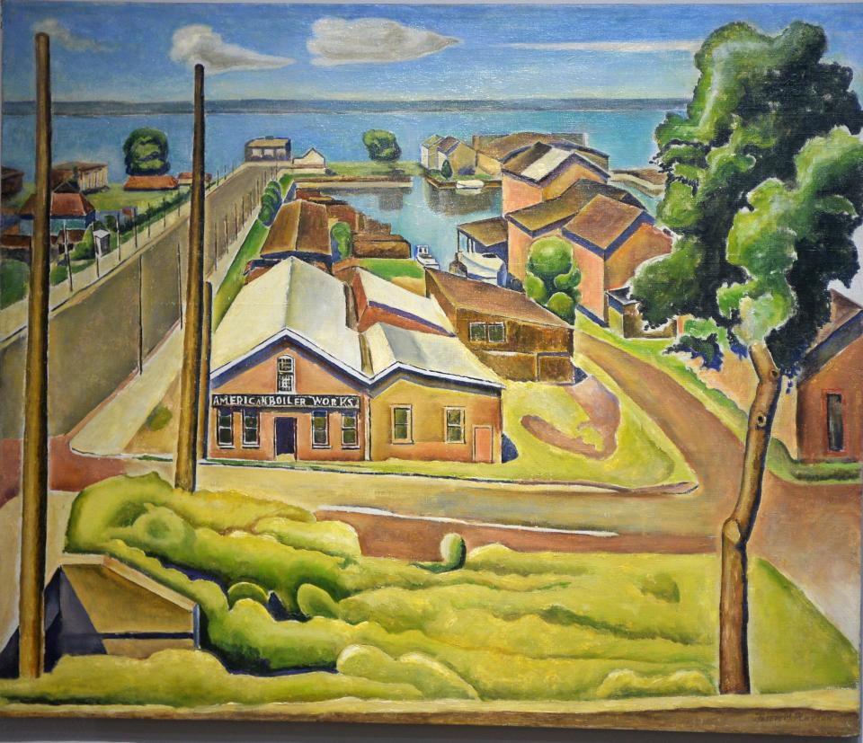 This undated oil painting by Erie artist Joseph Plavcan, titled "American Boiler Works," is displayed during a new Plavcan exhibition at the Erie Art Museum.