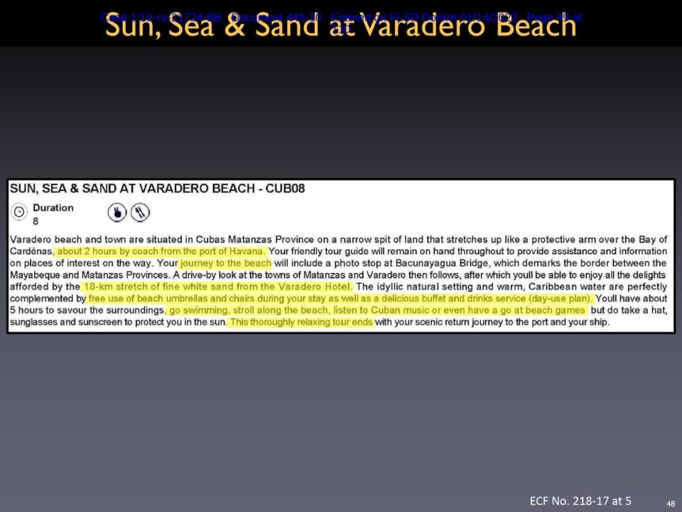 Screenshot of a PowerPoint presentation by Havana Docks’ lawyers filed in a Miami federal court. MSC Cruises sold this excursion to Varadero to its passengers.