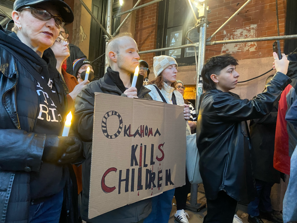 Hundreds of New Yorkers gathered for a candlelight vigil at the Stonewall Inn in the West Village on Monday to remember nonbinary Oklahoma teenager Nex Benedict (Bevan Hurley / The Independent)