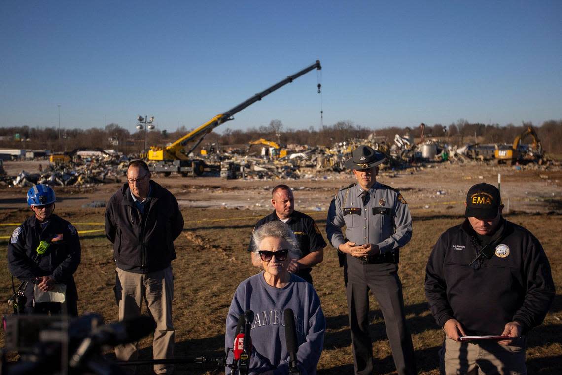 Mayfield Mayor Kathy O’Nan speaks during a media conference at the site of the former Mayfield Consumer Products candle factory in Mayfield, Ky., on Monday, Dec. 13, 2021.