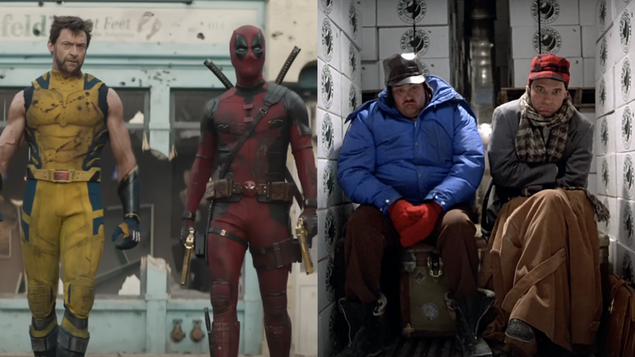  Deadpool and Wolverine from Deadpool 3 trailer/Steve Martin and John Candy in refrigerator truck scene in Planes Trains and Automobiles (side by side) . 