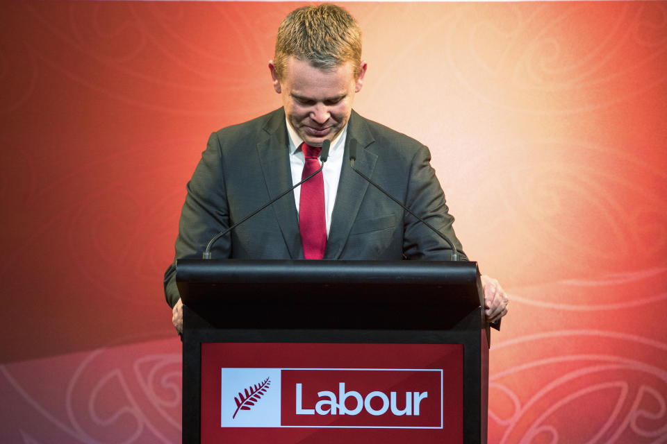 New Zealand Prime Minister Chris Hipkins, who spent just nine months in the top job, tells supporters he had called challenger Christopher Luxon to concede, at a party event in Wellington, Saturday, Oct. 14, 2023, following a general election loss. (Mark MItchell/New Zealand Herald via AP)