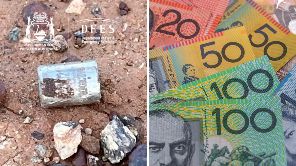 Composite image of a radioactive capsule and Australian money.