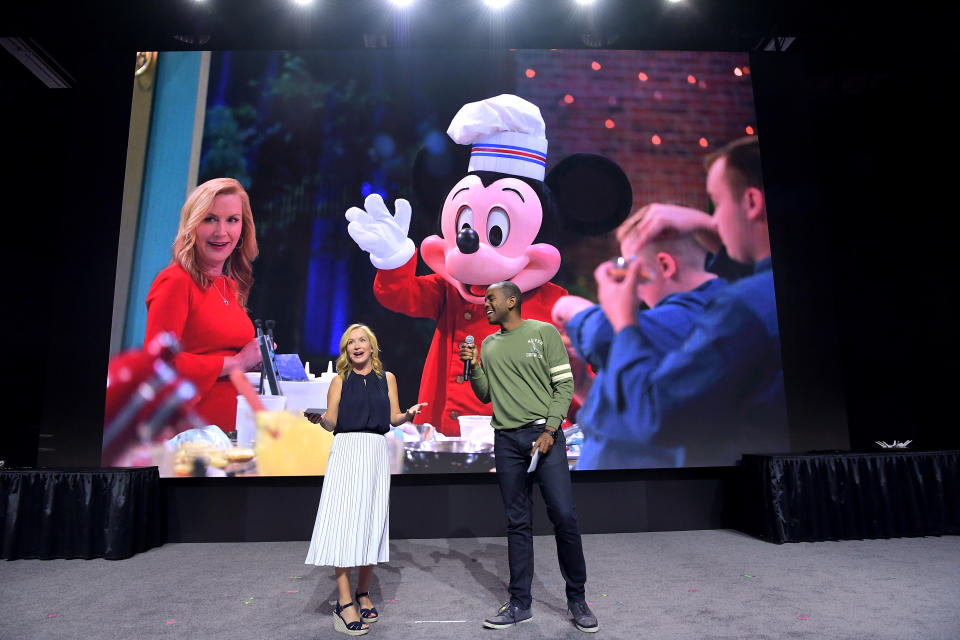 ANAHEIM, CALIFORNIA - AUGUST 25: (L-R) Angela Kinsey of “Be Our Chef” and Albert Lawrence speak at the Disney+ Pavilion at Disney’s D23 EXPO 2019 in Anaheim, Calif. “Be Our Chef” will stream exclusively on Disney+, which launches on November 12. (Photo by Charley Gallay/Getty Images for Disney+)