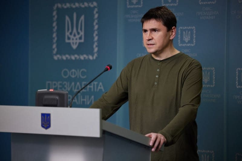 Ukrainian presidential adviser Mykhailo Podoliak, speaks during a press conference at the President's Office. -/Ukrainian Presidency/dpa