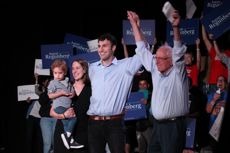 U.S. Sen. Bernie Sanders spoke at a rally in Providence on Sunday to endorse state Rep. Aaron Regunberg, center, for Rhode Island's Congressional District 1 seat.