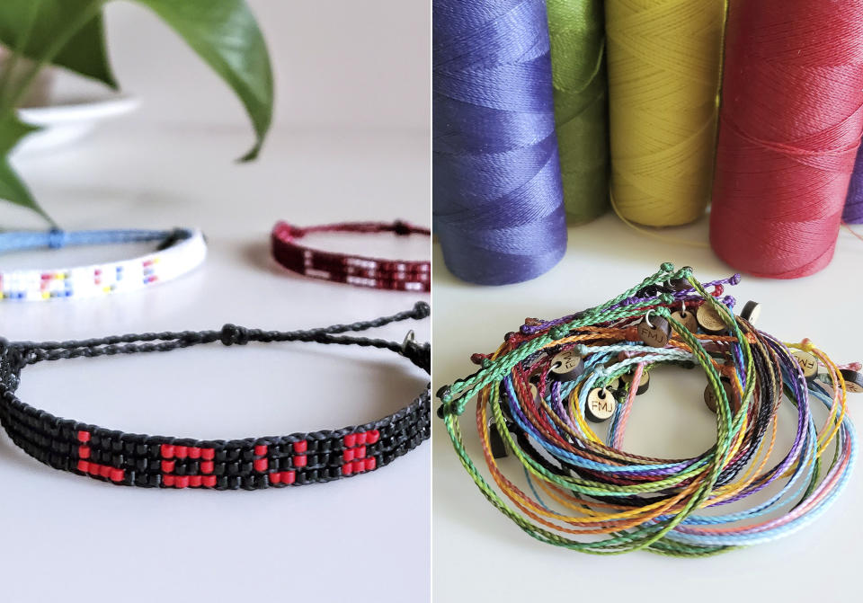 This combination of photos provided by Jenny Florkowski shows samples of her beaded bracelets, left, and friendship bracelets for sale. Florkowski, a veteran at “Wicked,” gives away all proceeds from sales. She recently donated $900 to the NAACP Legal Defense Fund and Color of Change. (Jenny Florkowski via AP)