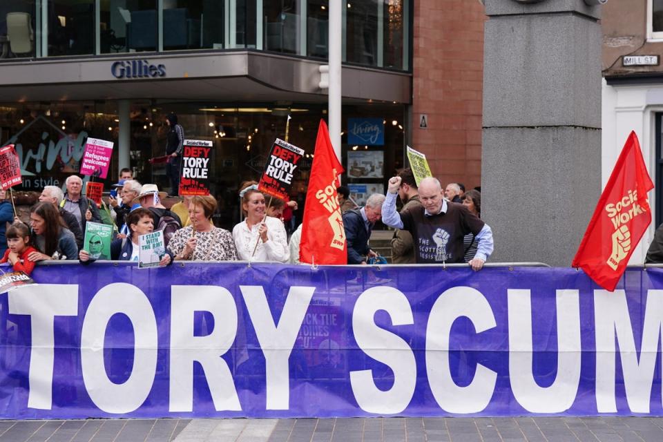 Protesters gather outside Perth Concert Hall (Jane Barlow/PA) (PA Wire)