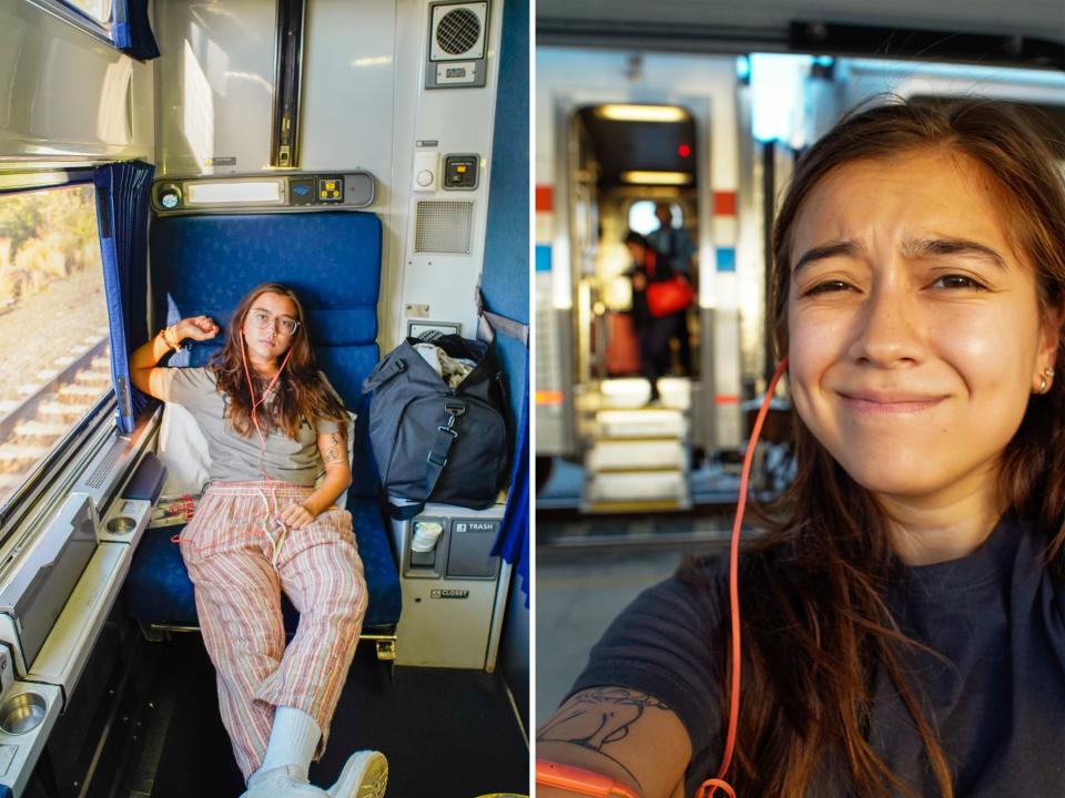 Left: Author relaxes on the train with a window opened on the left and her duffel on the right, Right: author takes a selfie with the train in the background