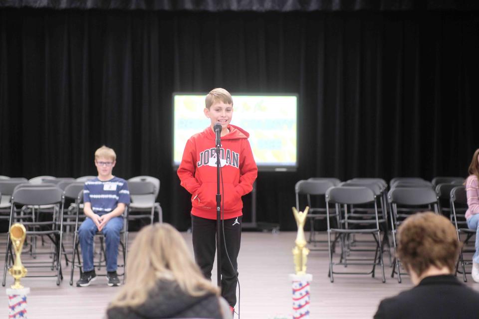 Colton Lopez confidently spells the word promethium Monday at the Randall County Junior Spelling Bee at Heritage Hills Elementary in Amarillo.