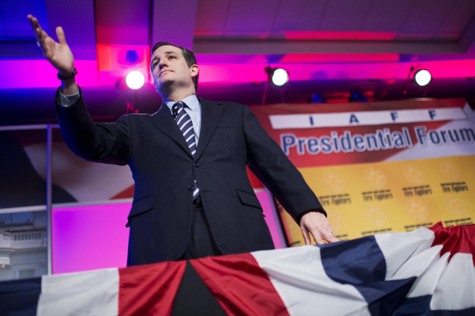 Sen. Ted Cruz (R-Texas) speaks during the International Association of Fire Fighters Presidential Forum at the Hyatt Regency on Capitol Hill on March 10, 2015.