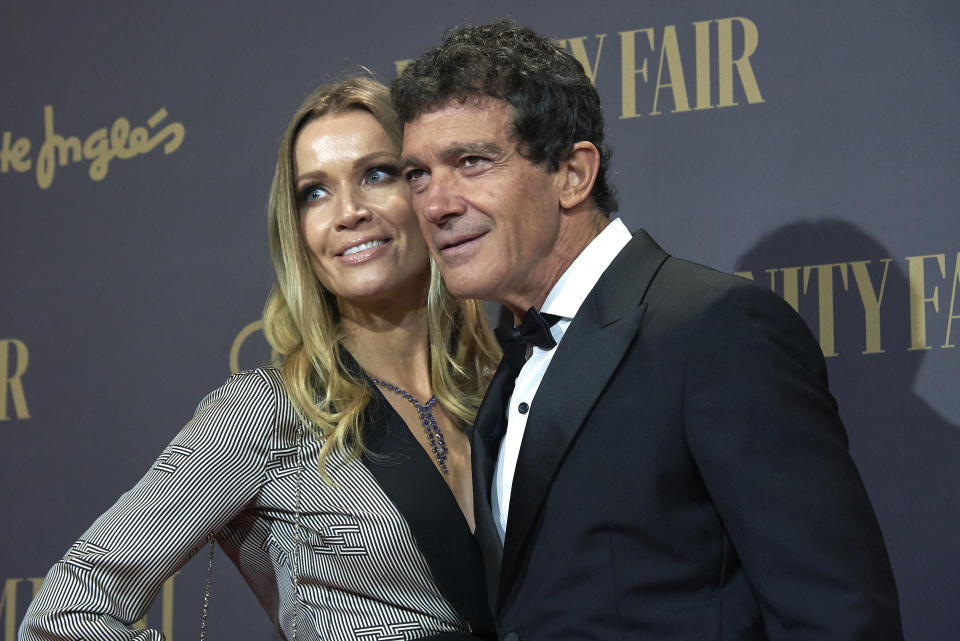 Antonio Banderas, Nicole Kimpel attends the Vanity Fair awards 2019 photocall at Royal Theater in Madrid, Spain on Nov 25, 2019 (Photo by Carlos Dafonte/NurPhoto via Getty Images)