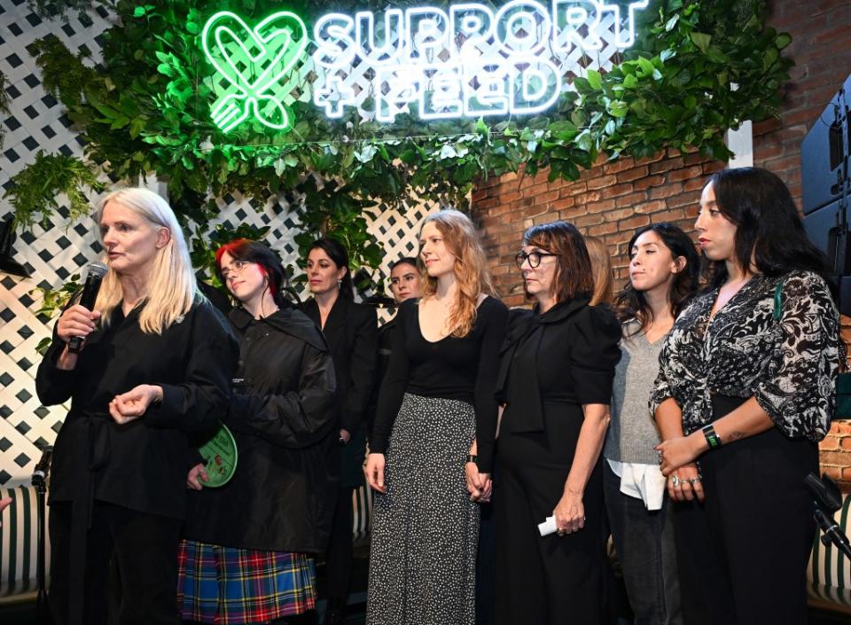 LOS ANGELES, CALIFORNIA - OCTOBER 24: (L-R) Maggie Baird, Billie Eilish, Saralyn Tartaglia, Megan Demijohn, Julie Schmid and Karina Gonzalez attend Support + Feed's 2023 fall fundraiser at APB/NikuNashi on October 24, 2023 in Los Angeles, California. (Photo by Michael Kovac/Getty Images for Support + Feed)