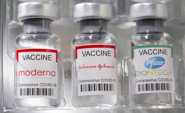 PHOTO: FILE - Vials labelled 'Moderna, Johnson&amp;Johnson, Pfizer - Biontech coronavirus disease (COVID-19) vaccine' are seen in this illustration picture taken May 2, 2021. (Dado Ruvic/Reuters, FILE)