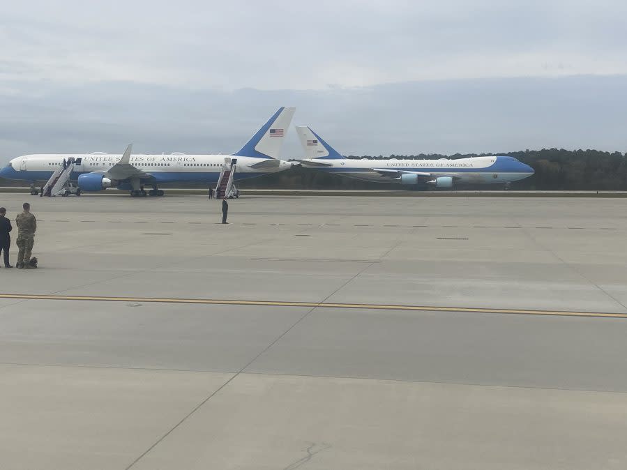 Air Force One and Air Force Two arrive at RDU Tuesday afternoon (Joseph Holloway/CBS 17)