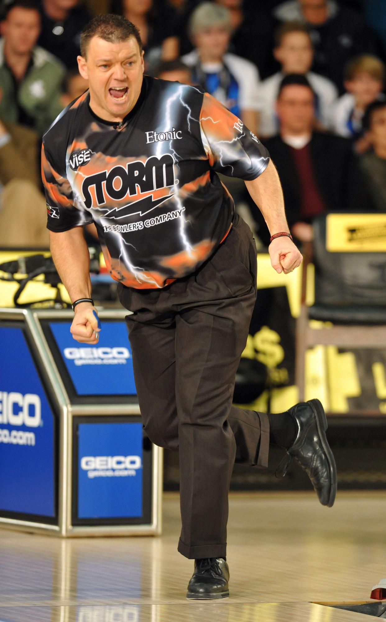 Tom Hess of Granger, Iowa, shouts after a strike that defeated Jack Jurek to win the USBC Masters in Reno, Nev., on February 13, 2011.