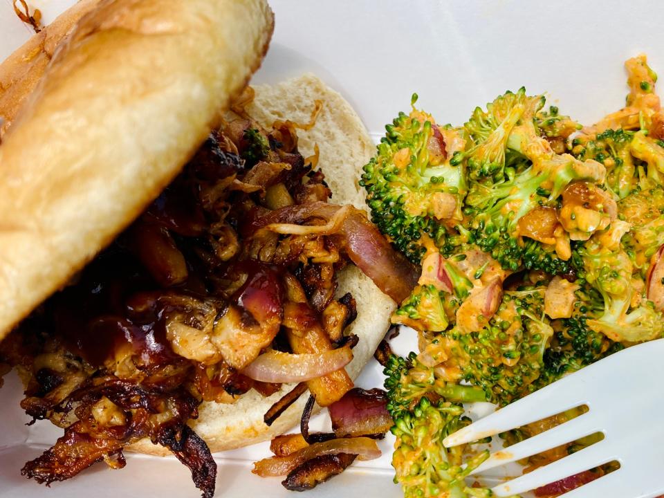 Finished Dish #1: Vegan pulled pork (marinated shredded King Oyester mushrooms) with brocooli salad.