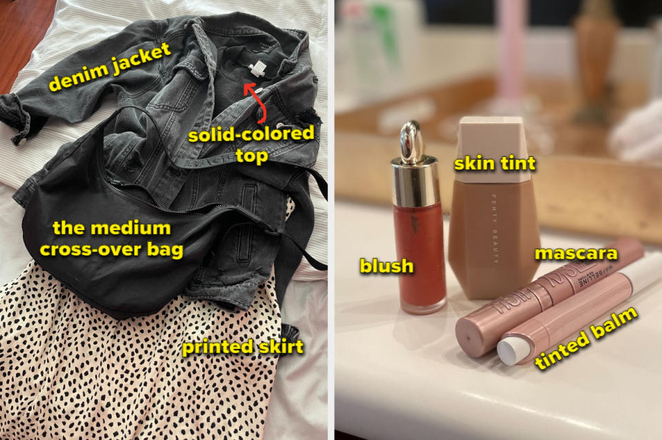 The left image is an outfit laid out on the bed: a denim jacket, a cross-over bag, a top, and a printed skirt. The right image has makeup like a skin tint, blush, mascara, and a tinted balm