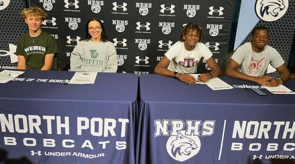 North Port High signing day: golfer CJ Kemble to Webber International University, cheerleader Jillian Guilbault to Tiffin University, football players Omar Branch to Saint Thomas University and Jayson Louis-Jeune to Saint Thomas University.