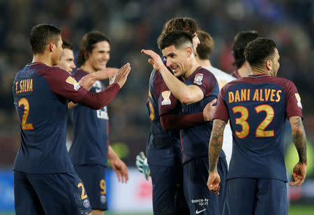 Soccer Football - Coupe de la Ligue Final - Paris St Germain vs AS Monaco - Matmut Atlantique Stadium, Bordeaux, France - March 31, 2018 Paris Saint-Germain's Thiago Silva celebrates with Thiago Motta after the match REUTERS/Regis Duvignau