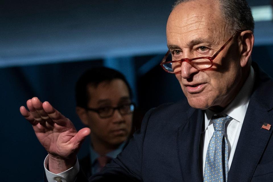 Senate Minority Leader Chuck Schumer (D-N.Y.) says confusing lines of authority over medical supplies have contributed to shortages. (Drew Angerer via Getty Images)