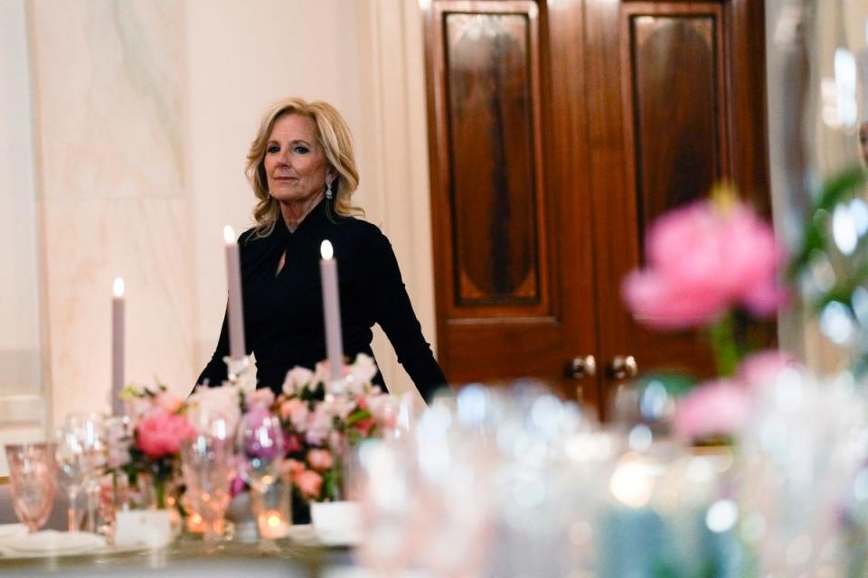 First lady Jill Biden arrives to speak before previewing the food and decorations at the White House in Washington (AP)