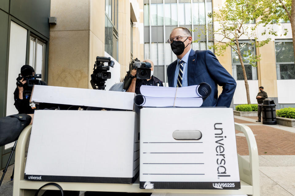 Epic Games CEO Tim Sweeney enters the Ronald V. Dellums building in Oakland, Calif., to attend his company's federal court case against Apple on Monday, May 3, 2021. Epic, maker of the video game Fortnite, charges that Apple has transformed its App Store into an illegal monopoly. (AP Photo/Noah Berger)