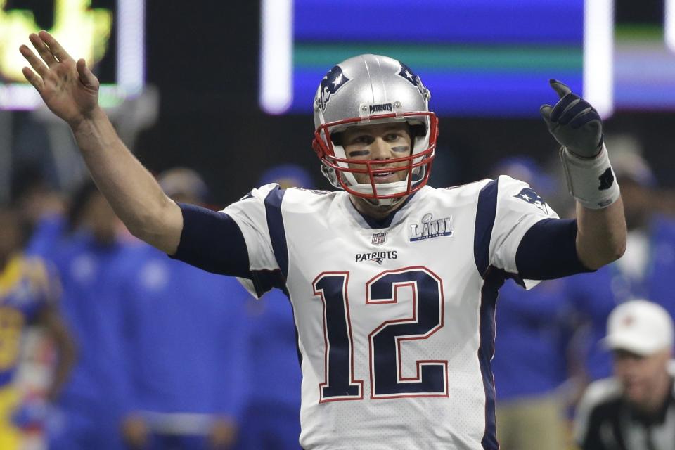 New England Patriots' Tom Brady (12) gestures during the second half of the NFL Super Bowl 53 football game against the Los Angeles Rams, Sunday, Feb. 3, 2019, in Atlanta. (AP Photo/Mark Humphrey)