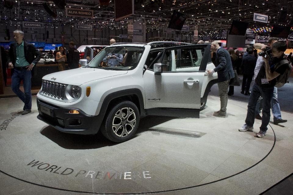 The New Jeep Renegade is on display at the 84. Geneva International Motor Show in Geneva, Switzerland, Tuesday, March 4, 2014. (AP Photo/Keystone, Sandro Campardo)