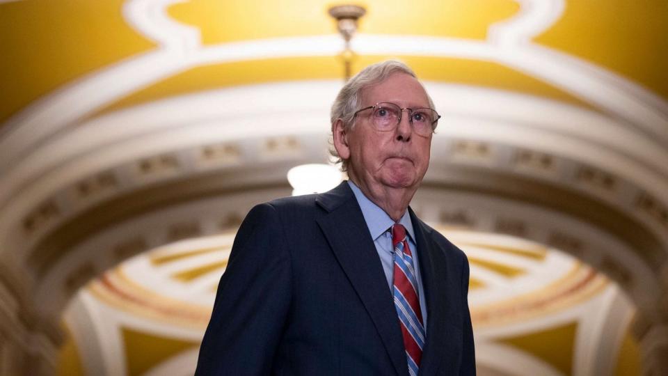 PHOTO: Senate Minority Leader Mitch McConnell arrives to a news conference after a lunch meeting with Senate Republicans at the U.S. Capitol, July 26, 2023, in Washington. (Drew Angerer/Getty Images)