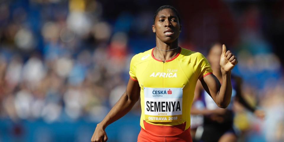 Caster Semenya finishes a race in 2018.